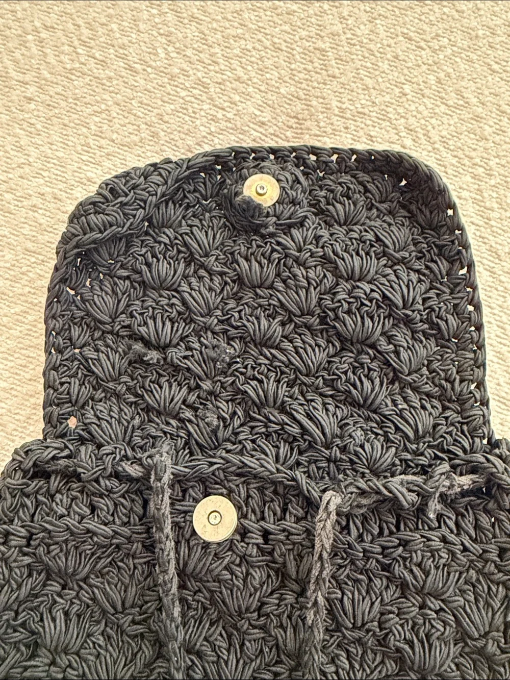 Vintage Black Floral Crocheted Drawstring Backpack Pockets Shoulder Straps Y2K